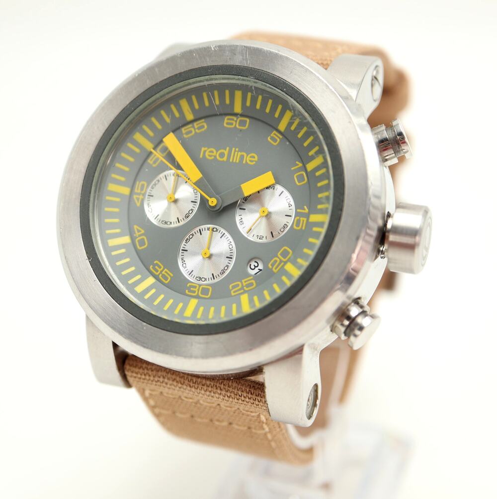 Red Line Bulky Silver Tone 50mm Chronograph Steel Watch Tan Nylon w New Battery